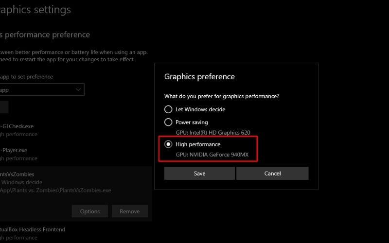 Chọn High performance để hệ thống ưu tiên sử dụng card màn hình rời cho ứng dụng