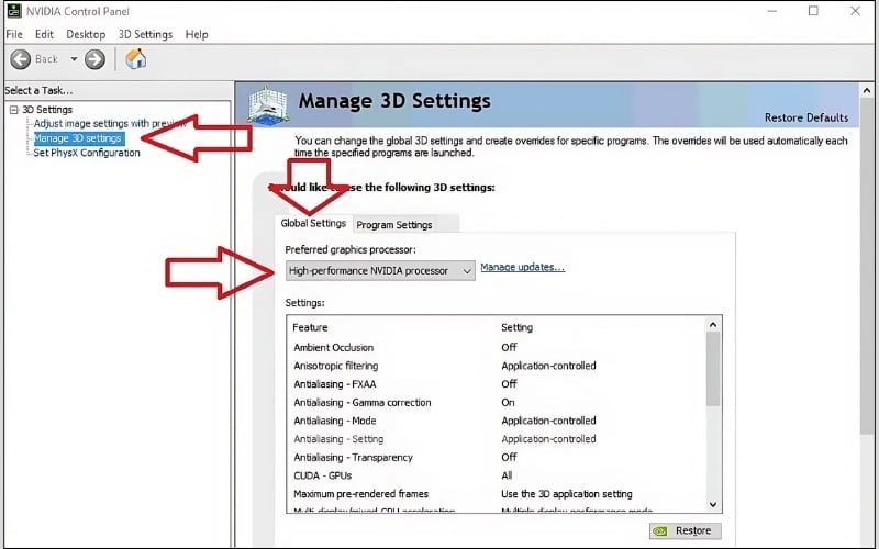 Trong mục Preferred graphics processor, hãy chọn High-performance NVIDIA processor