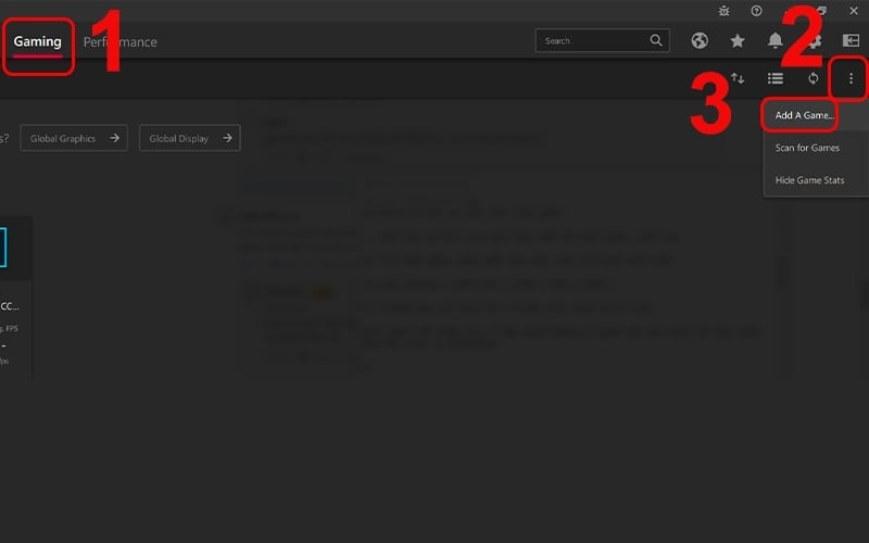 Nhấn vào biểu tượng ba chấm ở góc trên bên phải và chọn Add A Game để thêm game thủ công