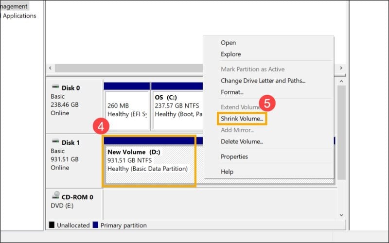 Nhấp chuột phải vào phân vùng muốn thu nhỏ và chọn lệnh Shrink Volume
