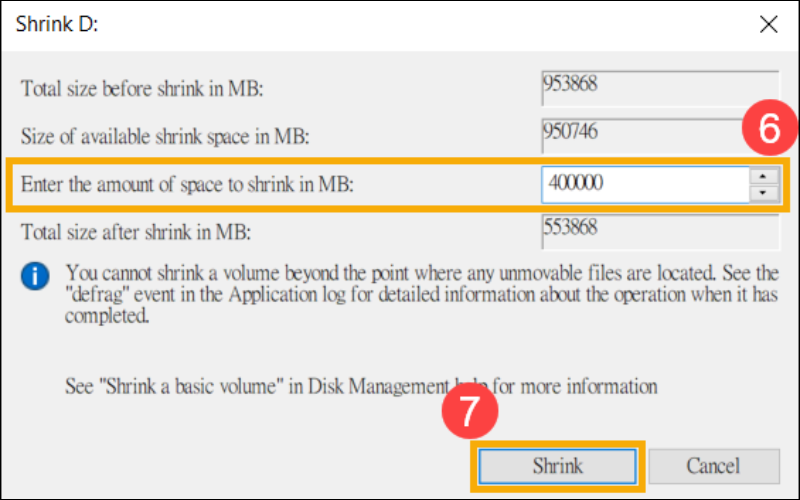 Nhập mức dung lượng muốn tách tại ô Enter the amount of space to shrink in MB