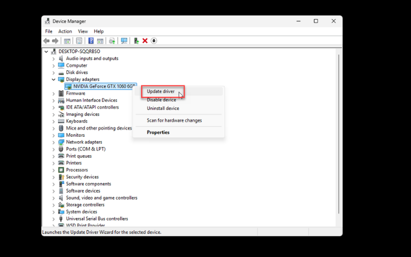 Chọn Update driver để cập nhật driver card đồ họa