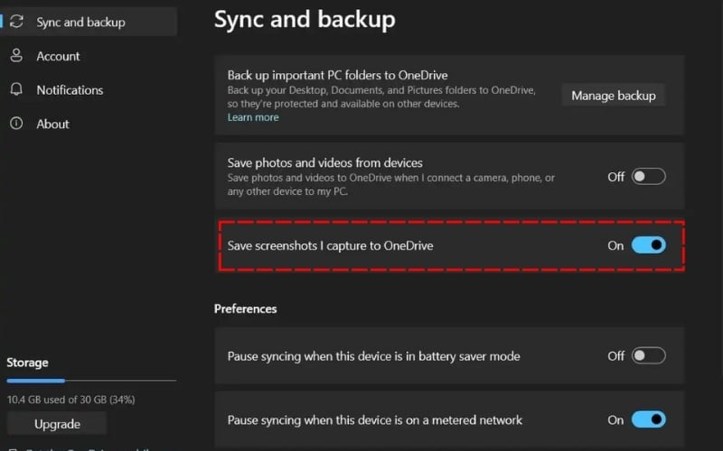 Tắt tùy chọn Save screenshots I capture to OneDrive