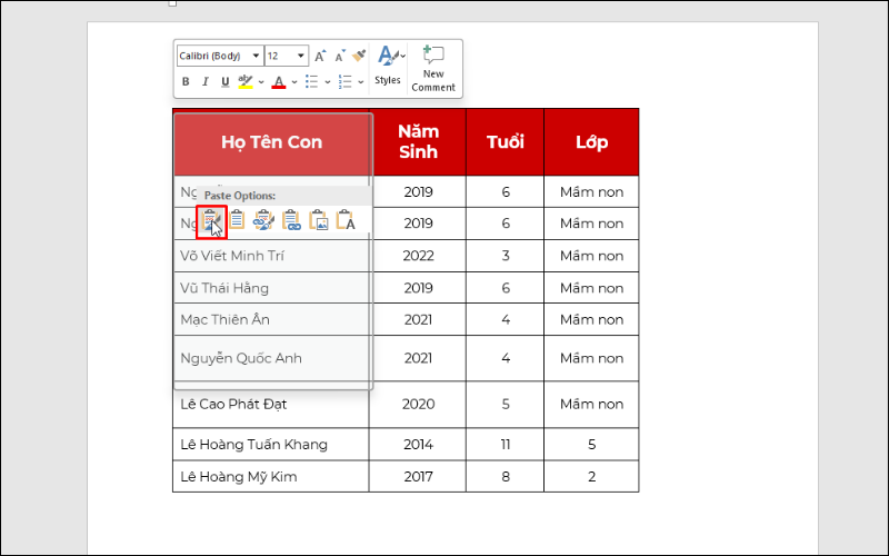 Tìm và chọn biểu tượng có chữ (K)