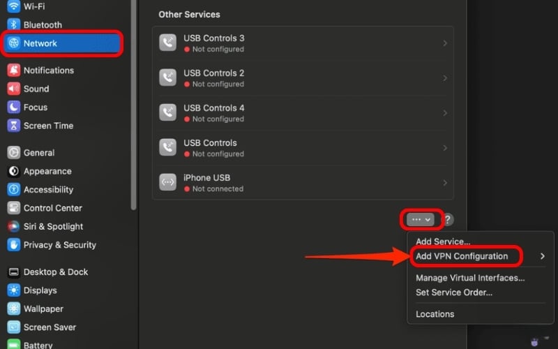 Nhấn vào nút có biểu tượng ba chấm (...) ở góc dưới và chọn Add VPN Configuration