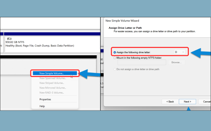 Tại mục Assign the following drive letter, chọn một ký tự bất kỳ cho ổ đĩa