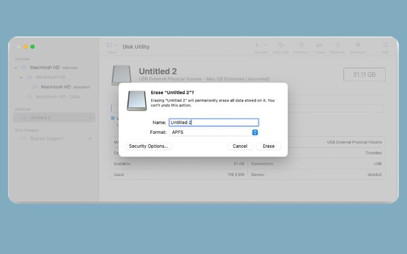 Điền tên ổ đĩa mới, chọn Format là APFS
