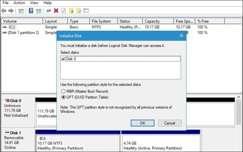 Chọn chuẩn GPT tại tab Initialize Disk