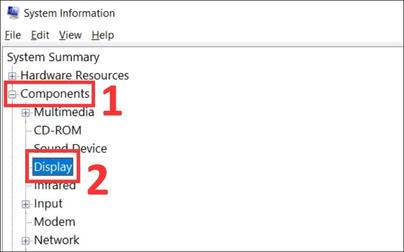 Nhấp vào dấu cộng để mở rộng và chọn Display