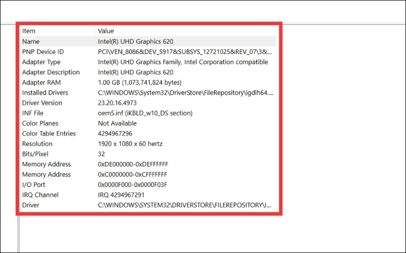 Mọi thông tin chi tiết về card đồ họa sẽ được liệt kê ở khung bên phải