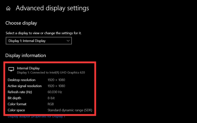 Ở mục Display information, bạn sẽ thấy tên card đồ họa đang kết nối với màn hình của mình