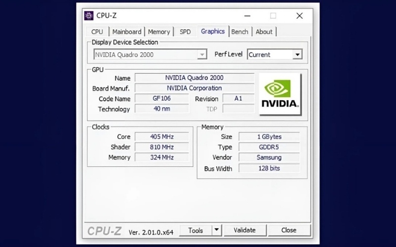 Sử dụng phần mềm CPU-Z (Tab Graphics)