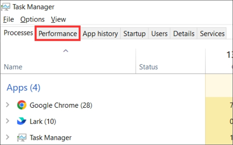 Chuyển sang tab Performance