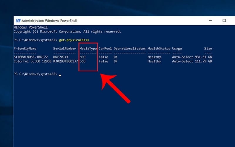 Tại cột MediaType, kết quả sẽ trả về giá trị SSD hoặc HDD