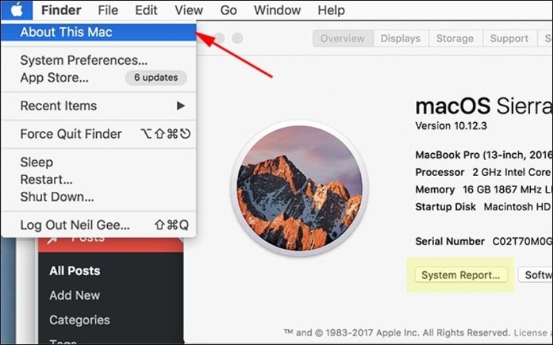 Nhấp vào biểu tượng Apple ở góc trên bên trái màn hình, chọn About This Mac
