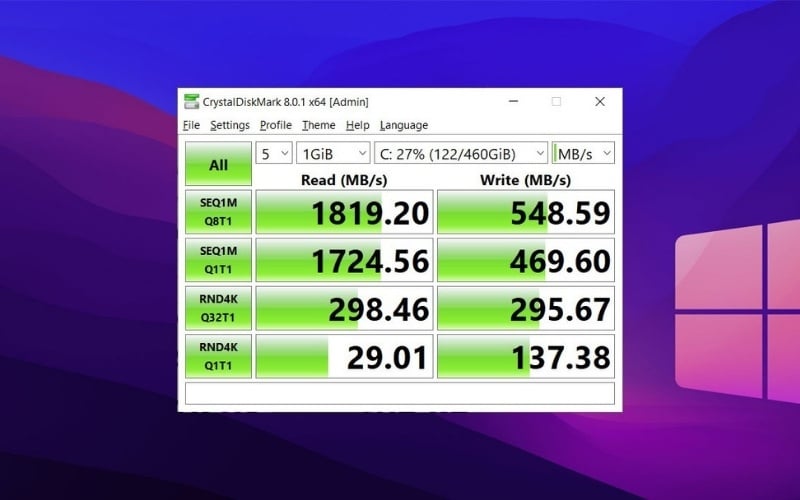 CrystalDiskMark thực hiện các bài test đọc/ghi tuần tự và ngẫu nhiên