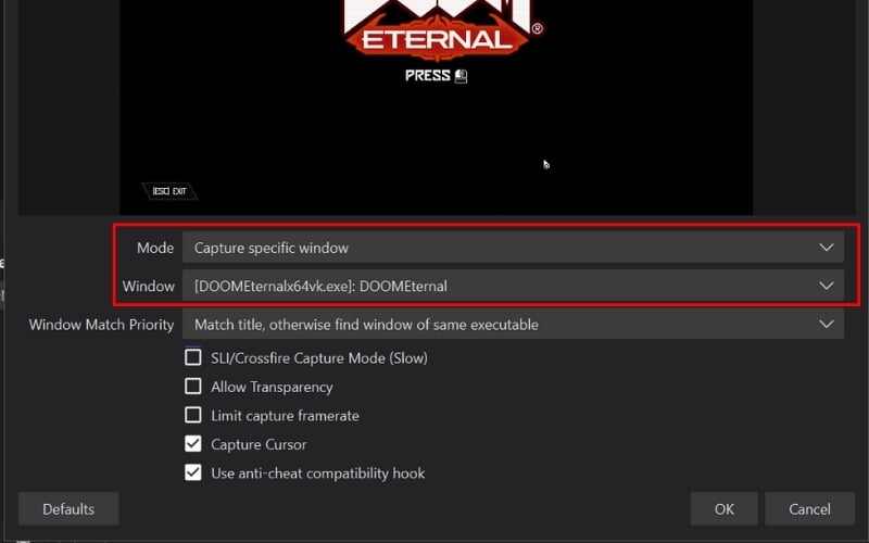 Trong cửa sổ thuộc tính của Game Capture, chọn Mode là Capture specific window