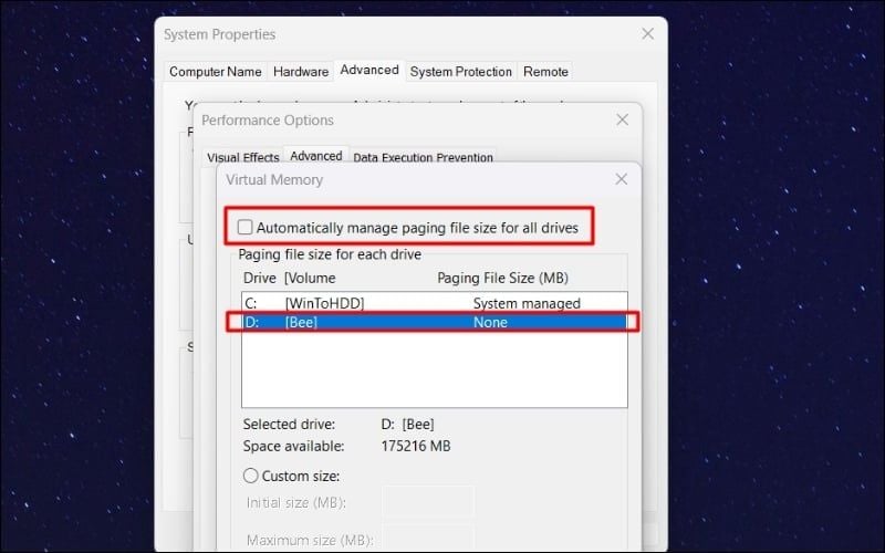 Bỏ tích chọn dòng Automatically manage paging file size for all drives và chọn ổ đĩa