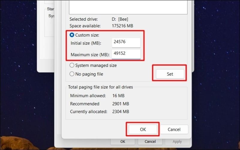 Nhập thông số tại mục Custom size, chọn Set và nhấn OK