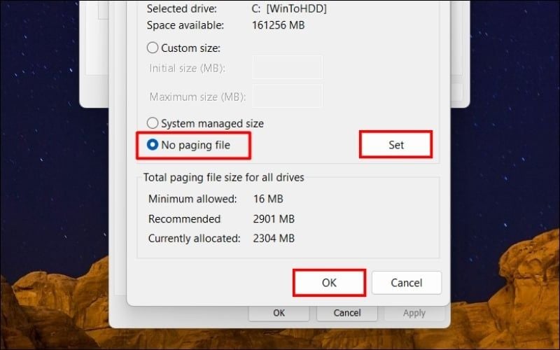 Tick chọn mục No paging file, nhấn Set và OK