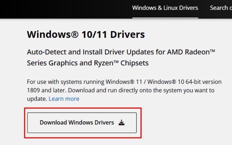 Tìm đến mục Auto-Detect and Install for Windows 10/11 và nhấn vào nút Download Windows Drivers