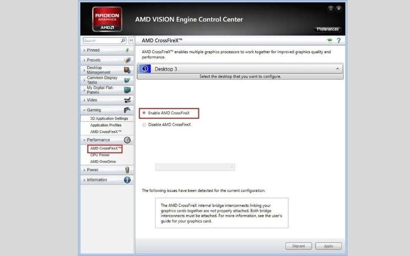 Tìm tùy chọn AMD CrossFire và bật Enable CrossFireX