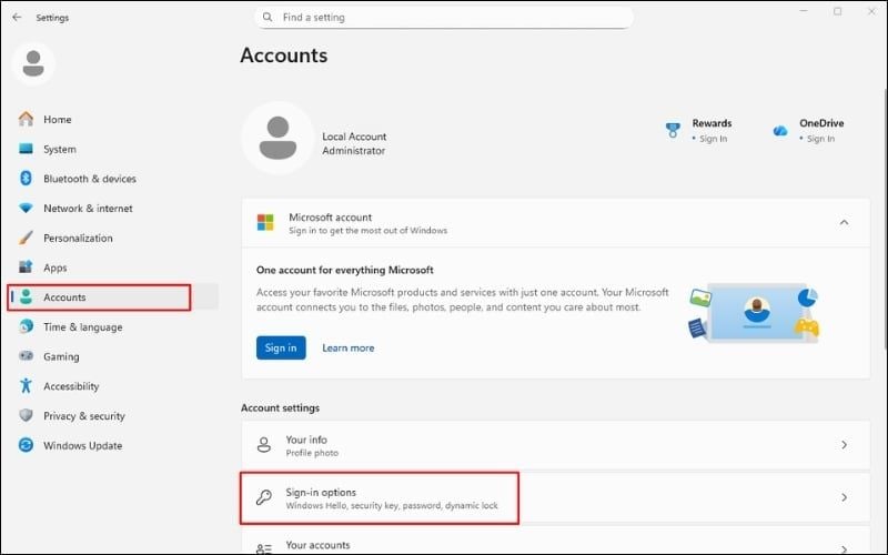 Chọn Sign-in options để thiết lập bảo mật