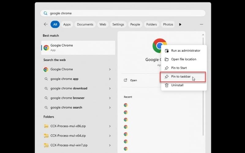 Chọn Pin to taskbar để ghim ứng dụng vào thanh tác vụ