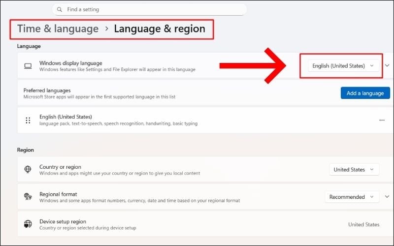 Kiểm tra ngôn ngữ thiết lập tại phần Windows display language