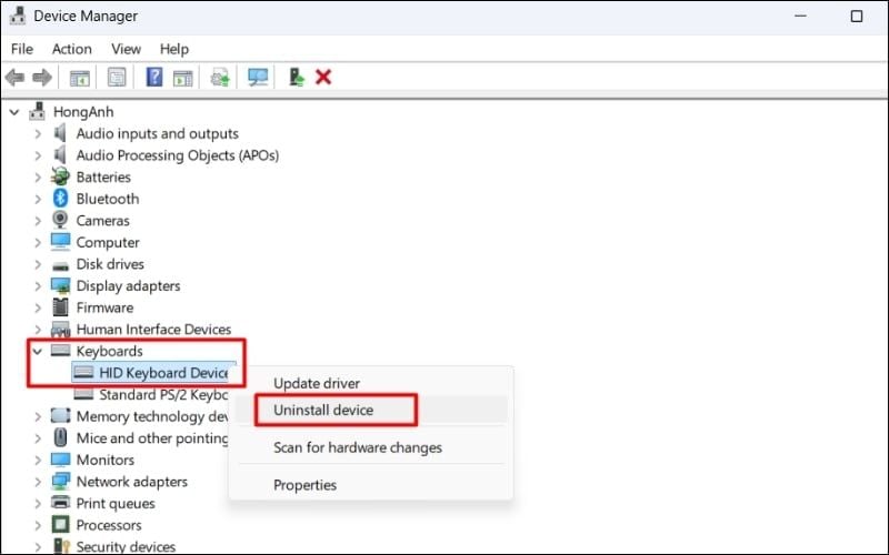 Chuột phải vào tên bàn phím và chọn Uninstall device