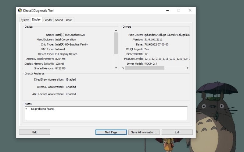 Chuyển sang tab Display để xem thông tin về card đồ họa