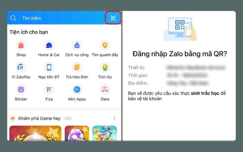 Mở ứng dụng Zalo trên điện thoại và quét mã QR trên laptop để đăng nhập
