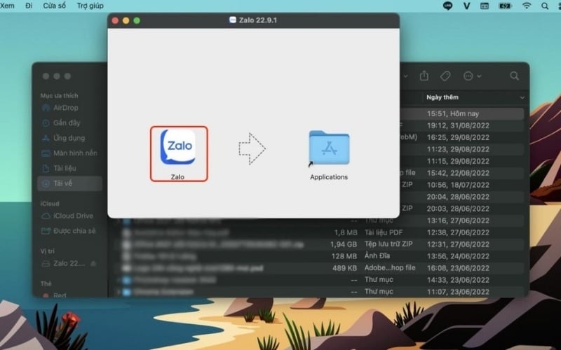 Kéo biểu tượng Zalo vào thư mục Applications
