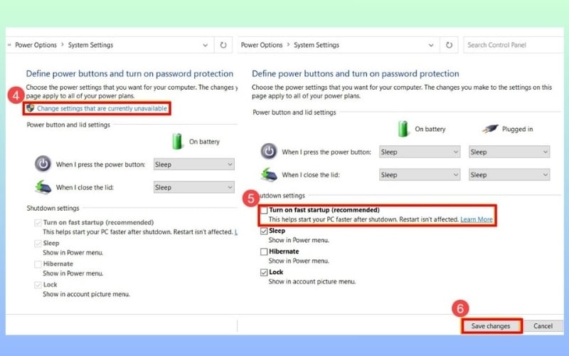 Bỏ dấu tick ở mục Turn on fast startup (recommended)