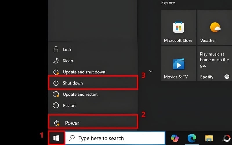 Chọn biểu tượng Power > Chọn Shut down