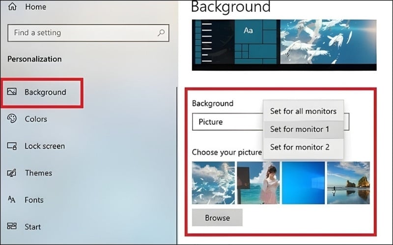 Trong mục Background, chọn Set for monitor 1 hoặc Set for monitor 2