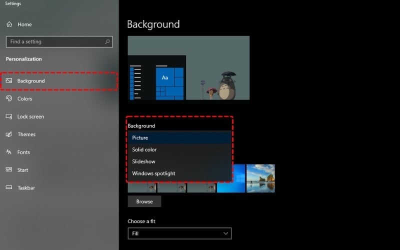 Tại dòng Background, bạn sẽ có các lựa chọn