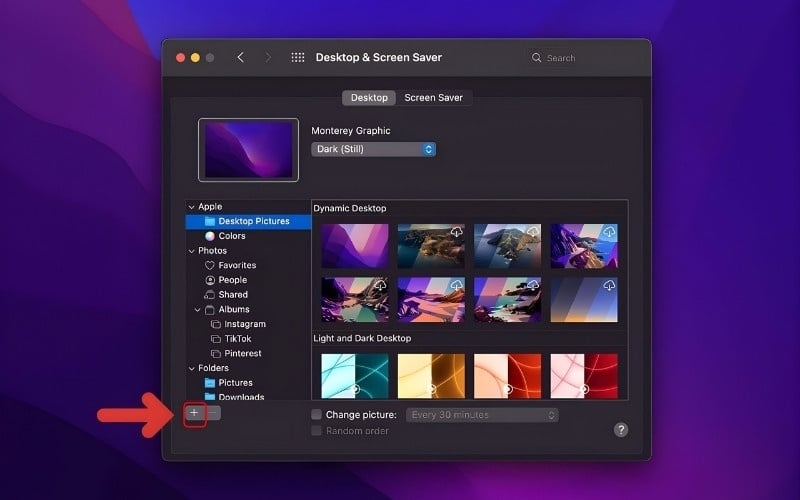 Nhấn vào dấu + > Chọn hình mà bạn muốn đặt làm hình nền