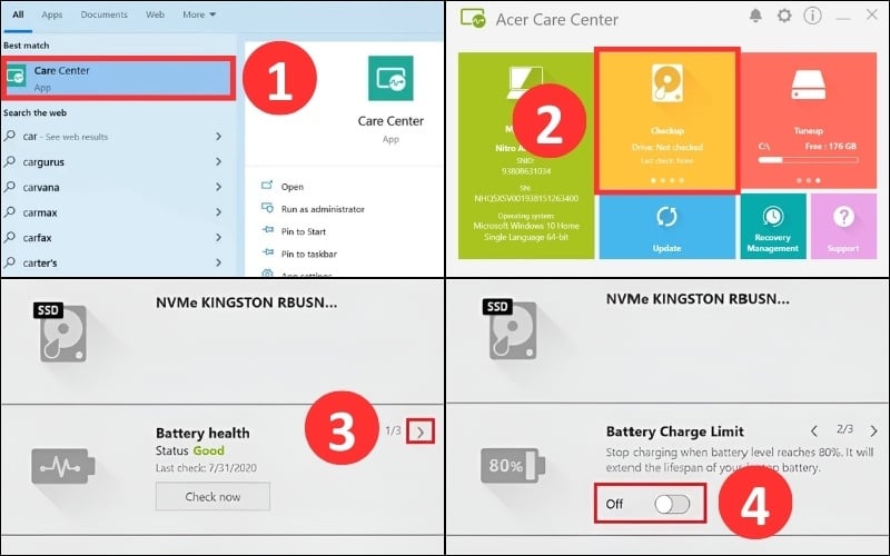 Giới hạn mức sạc bằng công cụ độc quyền Acer Care Center