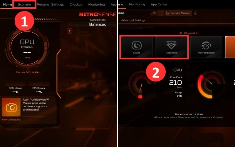 Chuyển sang chế độ Quiet hoặc Balanced trong NitroSense để tối ưu pin
