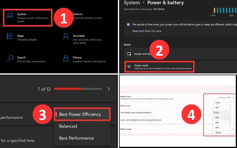 Kích hoạt Power Mode và Battery Saver trong cài đặt Settings
