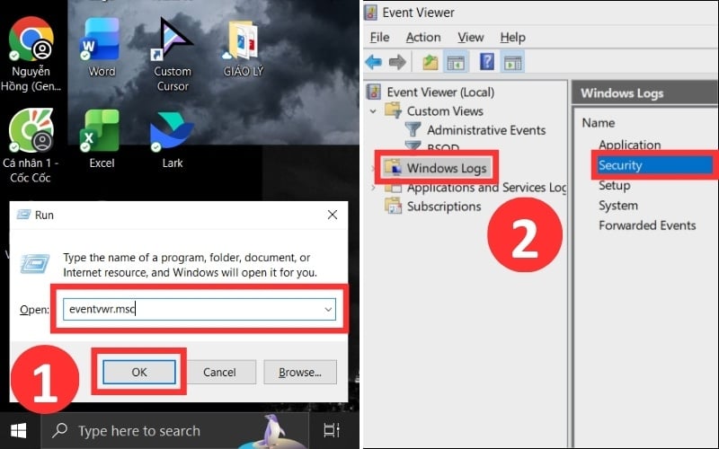 Kiểm tra nhật ký qua Event Viewer bằng cách truy cập Security trong Windows Logs