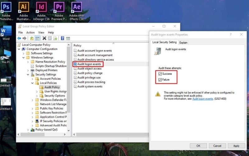 Nhấn đúp vào Audit logon events để kích hoạt Audit Policy