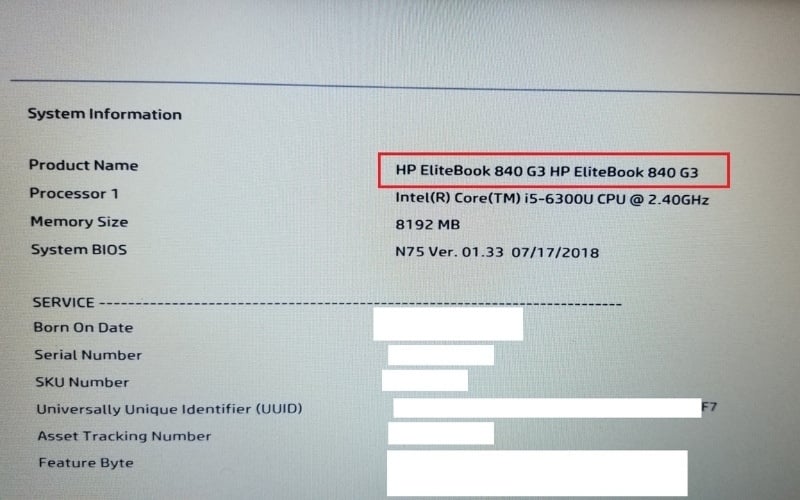 Tên model máy thường được hiển thị rõ ràng tại các mục như Product Name hoặc System Information