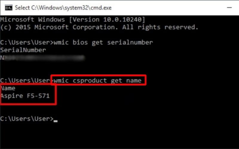 Nhập dòng lệnh wmic csproduct get name và nhấn Enter
