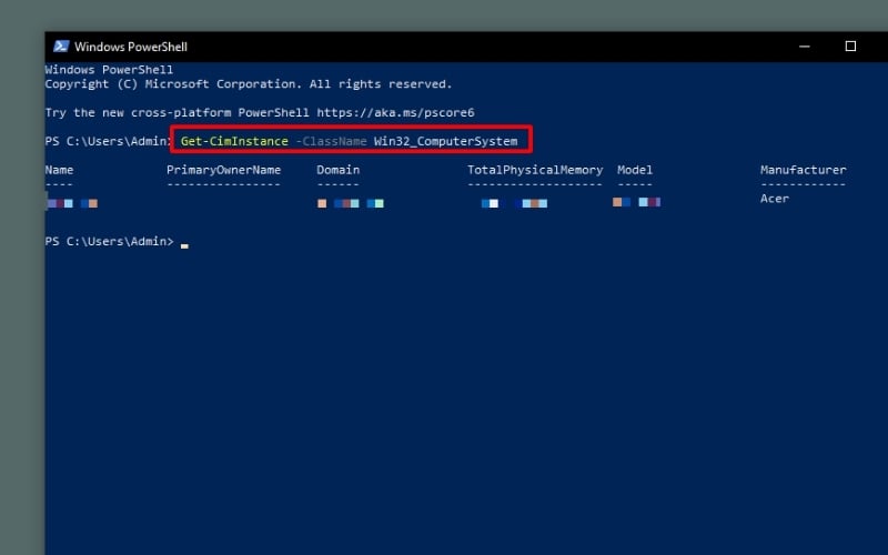 Nhập lệnh và nhấn Enter để xem model laptop