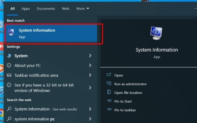 Nhấn phím Windows, gõ System Information và mở ứng dụng