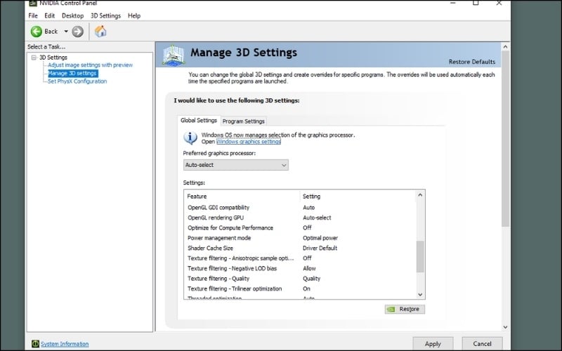 Tinh chỉnh một số thiết lập quan trọng trong mục Manage 3D settings