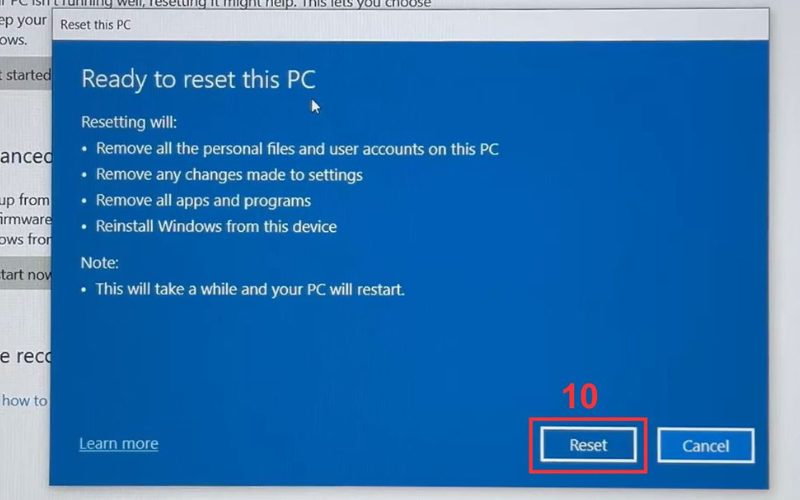 Chọn Reset để tiến hành quy trình cài Win