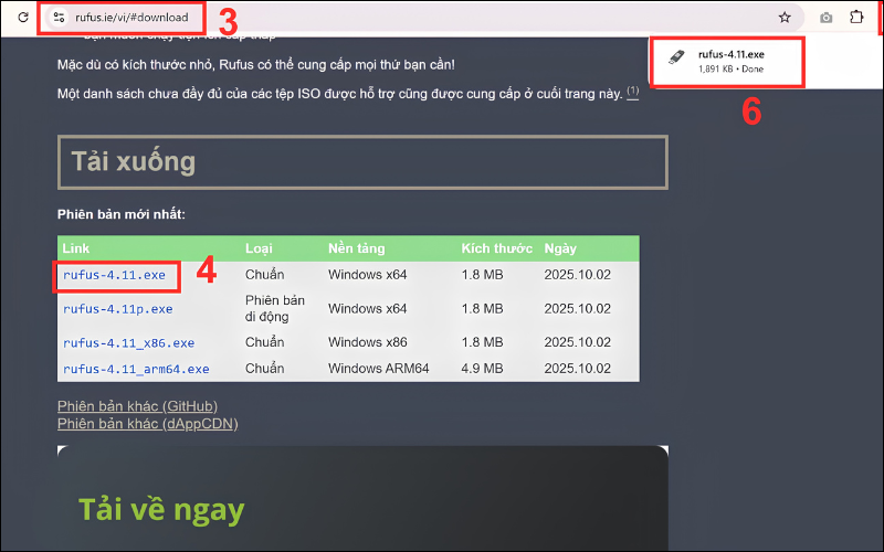 Truy cập web rufus và tải file về